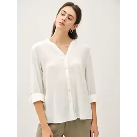 Rue Mandarin Collar Button Down Top - Off White