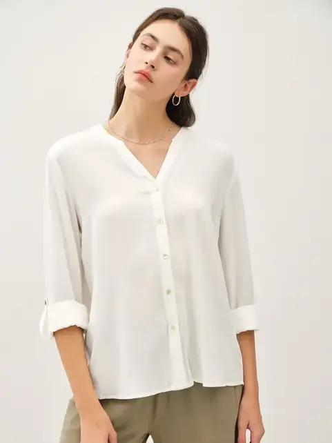 Rue Mandarin Collar Button Down Top - Off White