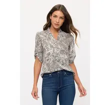 Floral Ity Mandarin Half Placket Roll Tab Shirt- Ivory