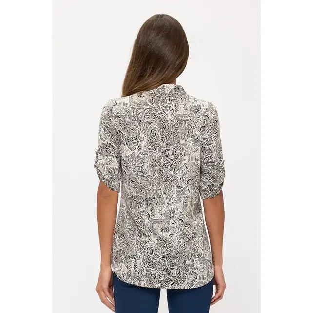 Floral Ity Mandarin Half Placket Roll Tab Shirt- Ivory