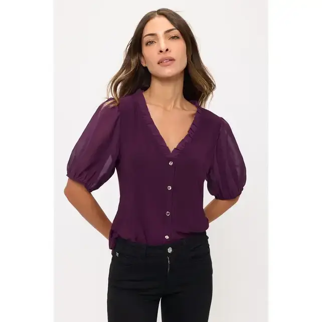 Vivian  Ruffle Button Top - Plum