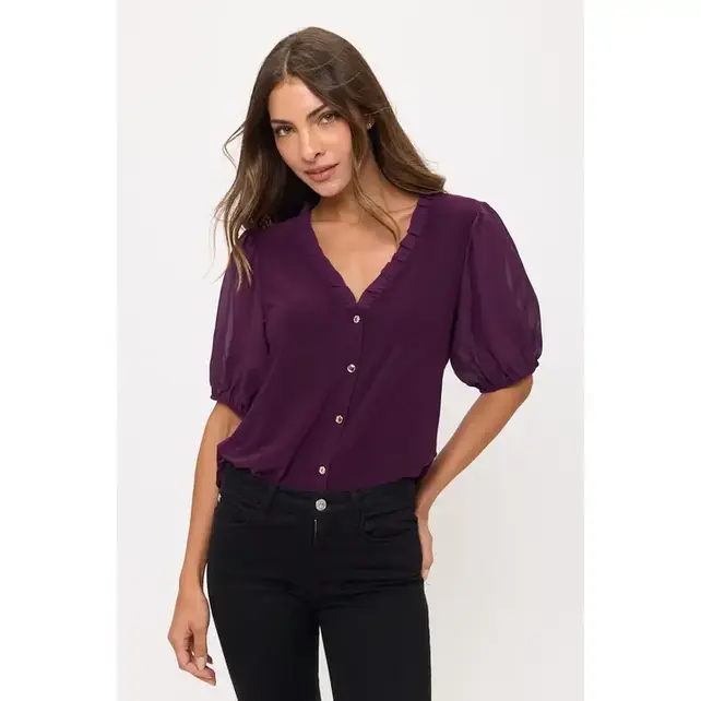 Vivian  Ruffle Button Top - Plum