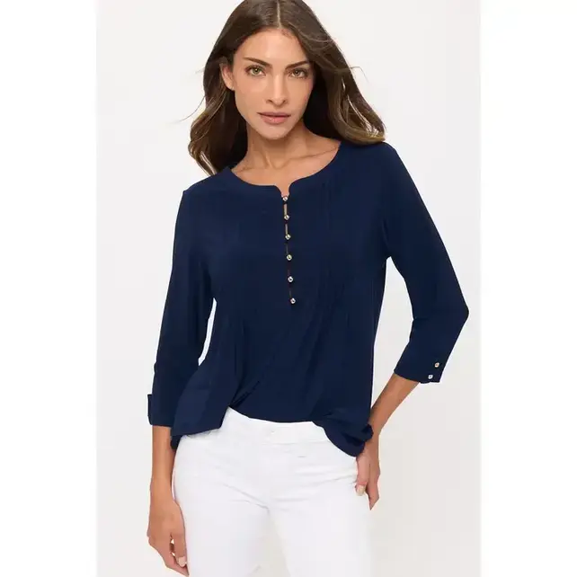 Kesia Ity Roll Tab Pleated Top - Navy