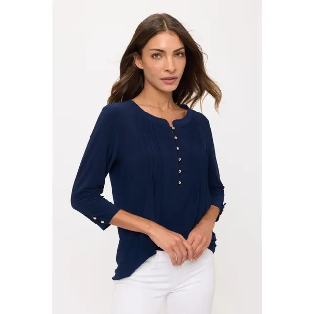 Kesia Ity Roll Tab Pleated Top - Navy