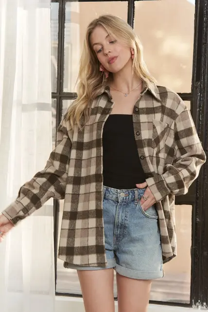 Sadie Plaid Flannel Shacket - Brown