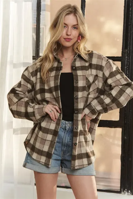 Sadie Plaid Flannel Shacket - Brown