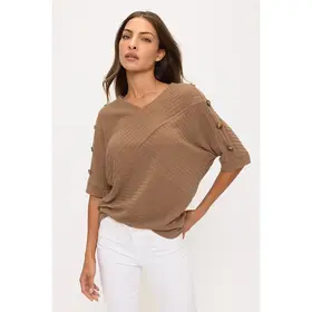 Mara Rib Knit Button Side Sweater - Mocha