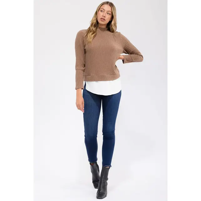 Lacey Mix Media Mockneck Top - Mocha