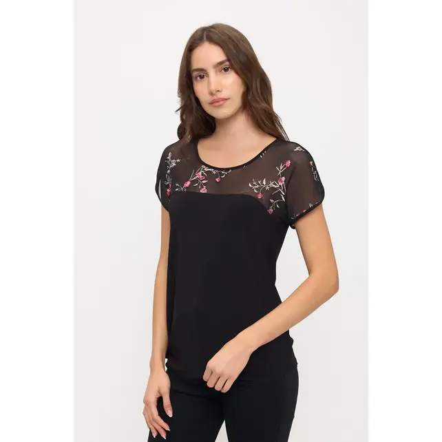 Della Embroidery Illusion Contrast Dolman - Floral