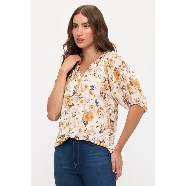 Floral Balloon Peasant - Ivory Taupe