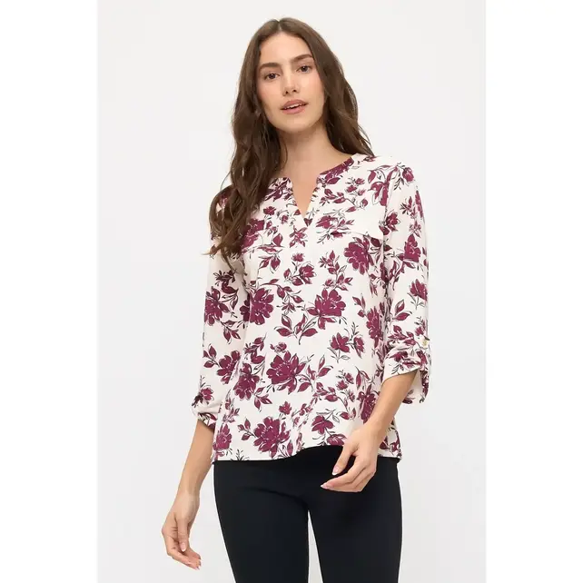 Anna Floral Crepe Top - Cream Wine