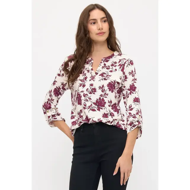 Anna Floral Crepe Top - Cream Wine