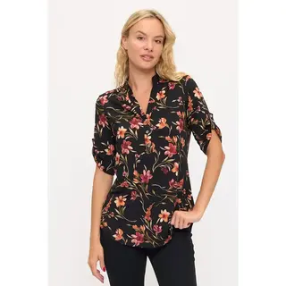 Floral Ity Mandarin Half Placket  Shirt - Black Berry Cream