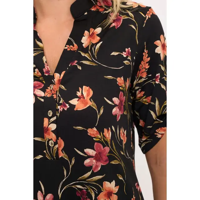 Floral Ity Mandarin Half Placket  Shirt - Black Berry Cream