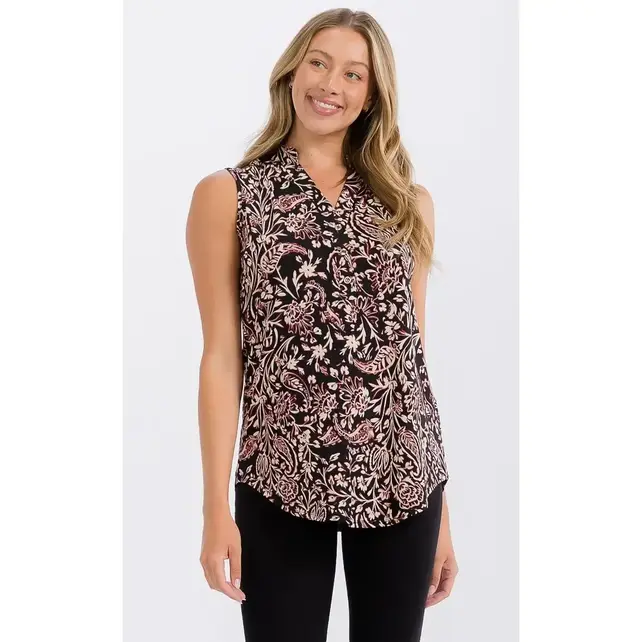 Floral Mandarin  Sleeveless Shirt - Black Berry Cream
