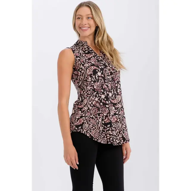 Floral Mandarin  Sleeveless Shirt - Black Berry Cream