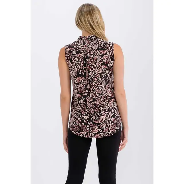 Floral Mandarin  Sleeveless Shirt - Black Berry Cream