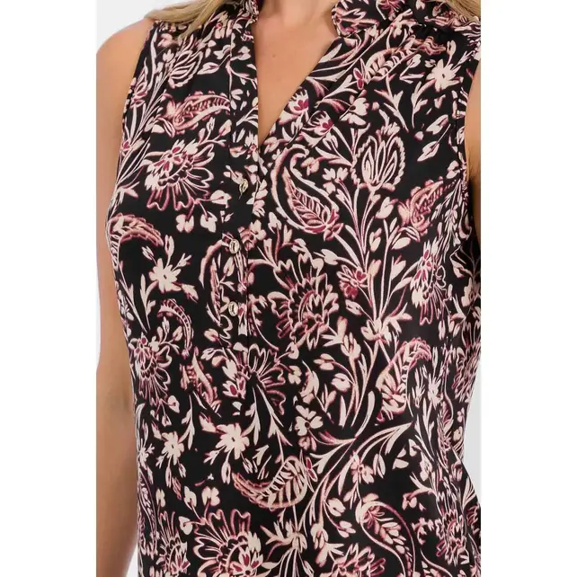 Floral Mandarin  Sleeveless Shirt - Black Berry Cream