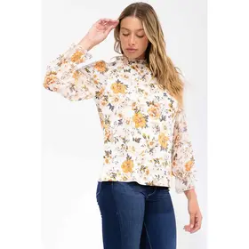 Floral Mix Media Ruffle Top - Ivory Taupe