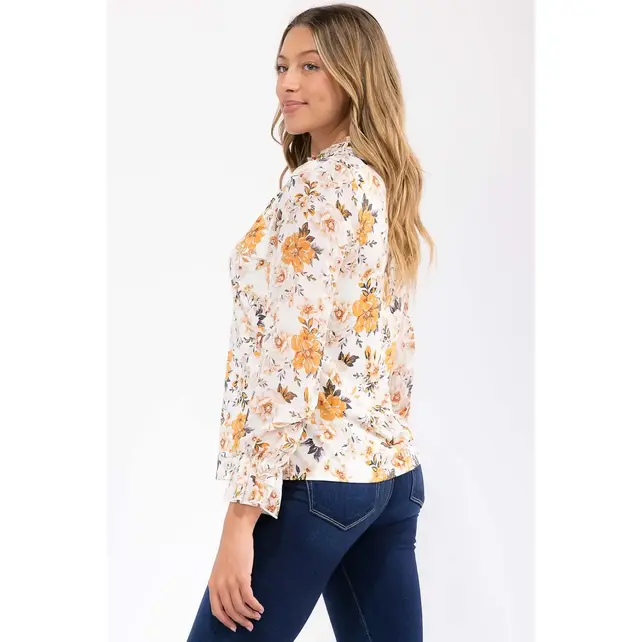 Floral Mix Media Ruffle Top - Ivory Taupe