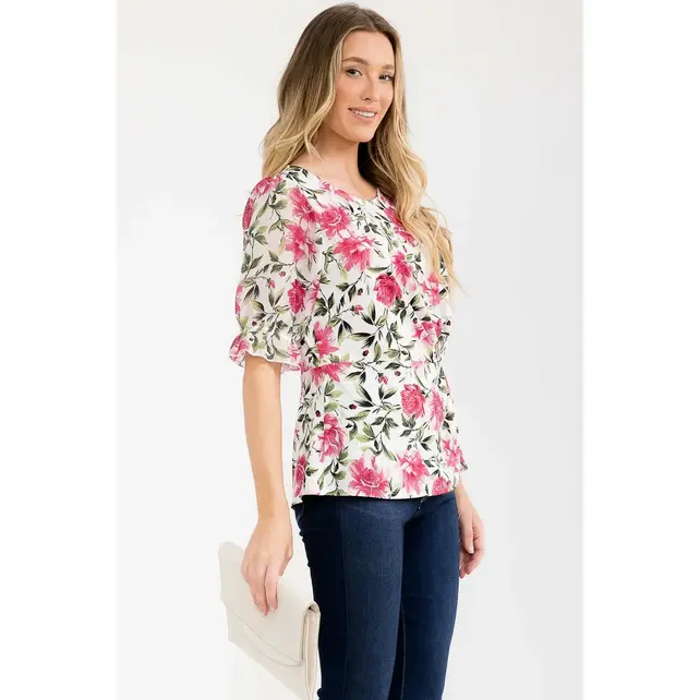 Floral Mix Media Side Twist Top - Ivory Pink