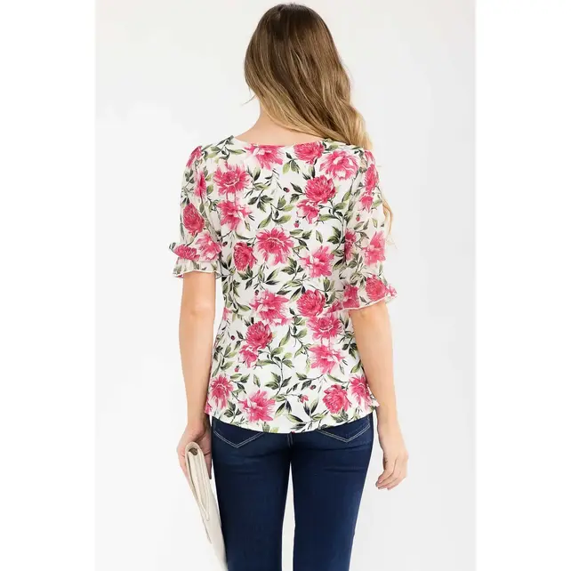 Floral Mix Media Side Twist Top - Ivory Pink