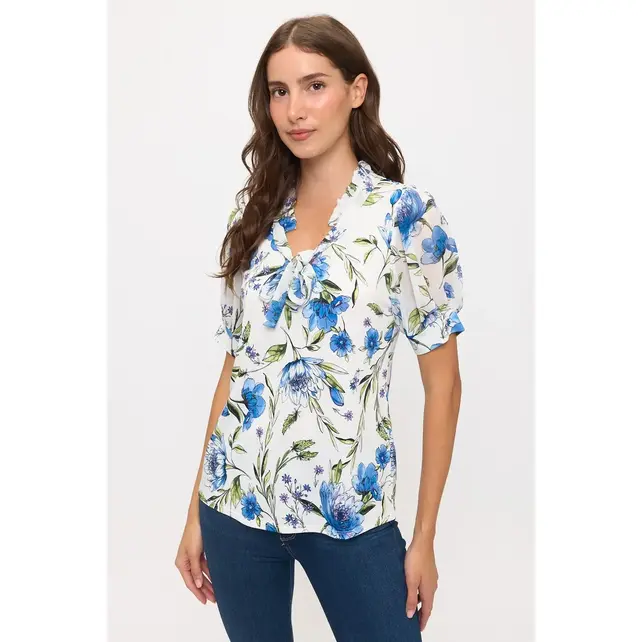 Mix Media Floral Blouse - Ivory Blue