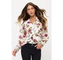 Mix Floral Ruffle Button Down Shirt - Ivory Purple Olive