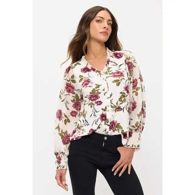 Mix Floral Ruffle Button Down Shirt - Ivory Purple Olive