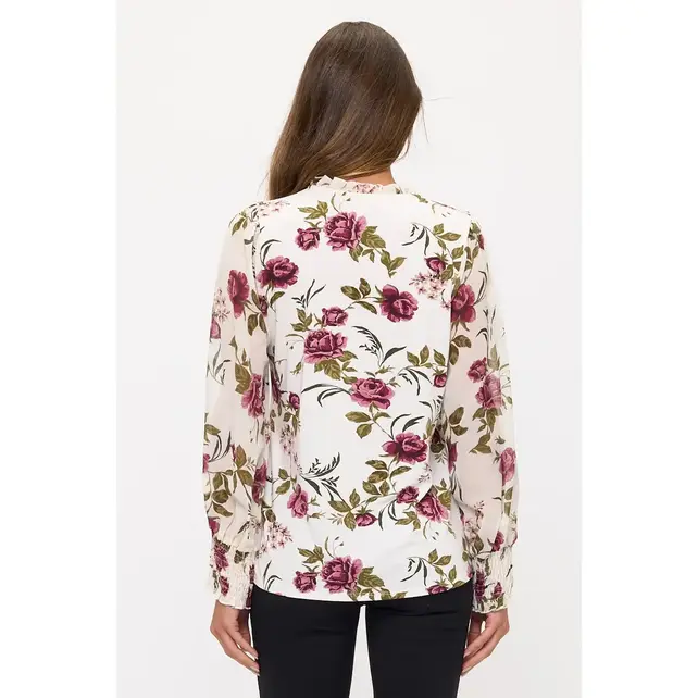 Mix Floral Ruffle Button Down Shirt - Ivory Purple Olive