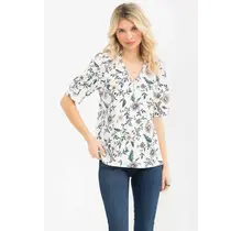 Moss Crepe Half Placket Puff Tee - Ivory Teal