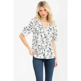 Moss Crepe Half Placket Puff Tee - Ivory Teal