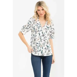 Moss Crepe Half Placket Puff Tee - Ivory Teal