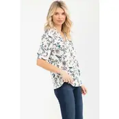 Moss Crepe Half Placket Puff Tee - Ivory Teal