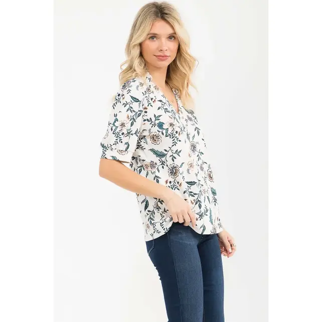 Moss Crepe Half Placket Puff Tee - Ivory Teal