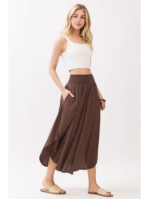 Smocked Waist Flowy Skirt - Chocolate