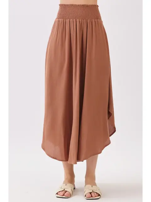 Smocked Waist Flowy Skirt - Nutshell Brown