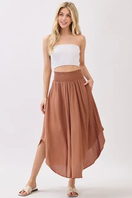 Smocked Waist Flowy Skirt - Nutshell Brown