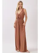 Solid Sleeveless Wide Leg Jumpsuit - Nutshell Brown