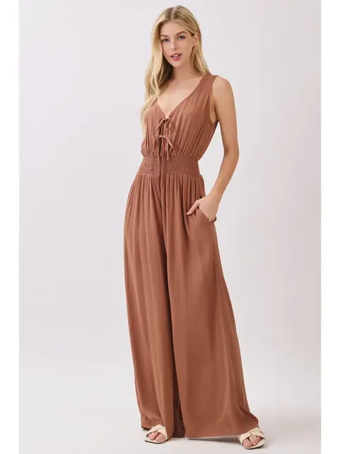 Solid Sleeveless Wide Leg Jumpsuit - Nutshell Brown
