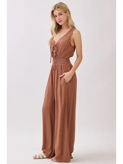 Solid Sleeveless Wide Leg Jumpsuit - Nutshell Brown