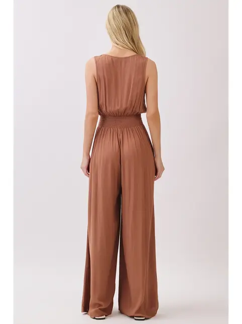 Solid Sleeveless Wide Leg Jumpsuit - Nutshell Brown