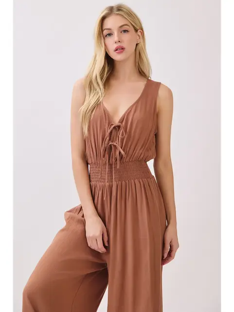 Solid Sleeveless Wide Leg Jumpsuit - Nutshell Brown