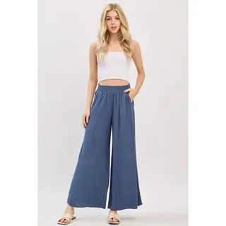 Waist Smocked Wide Leg Pants - DK Indigo