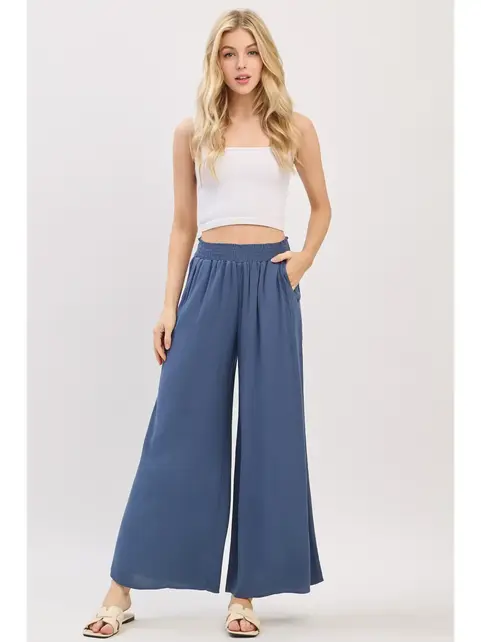Waist Smocked Wide Leg Pants - DK Indigo