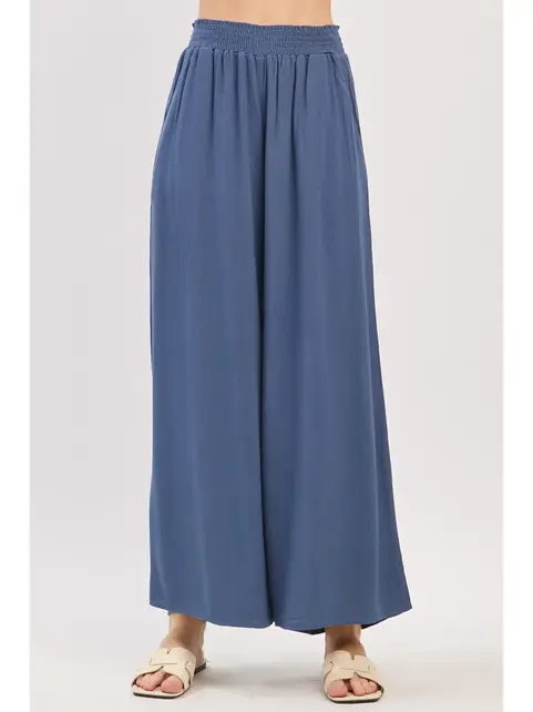 Waist Smocked Wide Leg Pants - DK Indigo