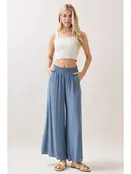 Waist Smocked Wide Leg Pants -  LT Blue Shadow