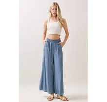 Waist Smocked Wide Leg Pants -  LT Blue Shadow