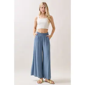Waist Smocked Wide Leg Pants -  LT Blue Shadow