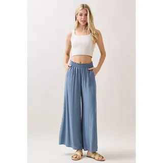 Waist Smocked Wide Leg Pants -  LT Blue Shadow